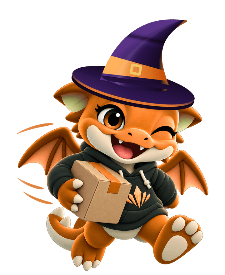 Oly, the Olymp mascot, running to deliver your order